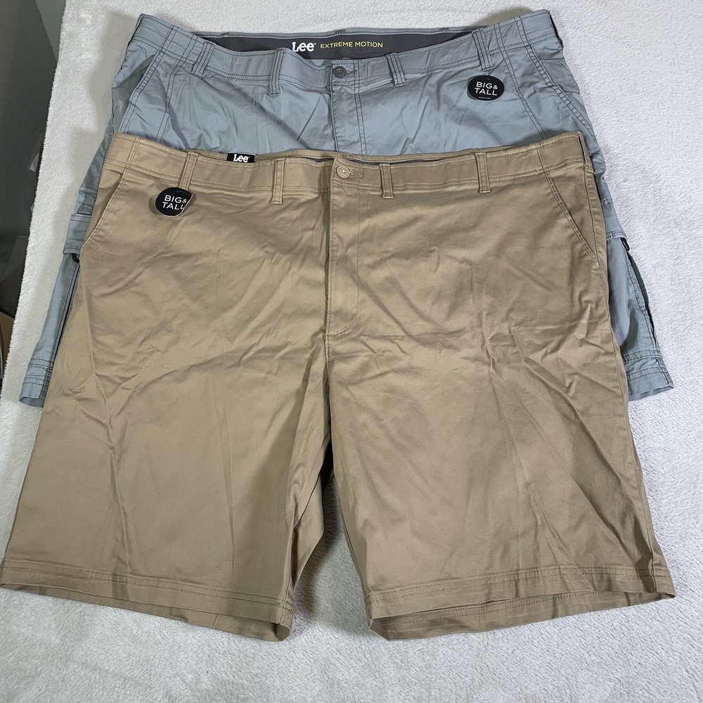 Lee Extreme Motion Cargo Shorts Mens 52 Khaki Beige Gray Big & Tall Lot Of 2 NEW